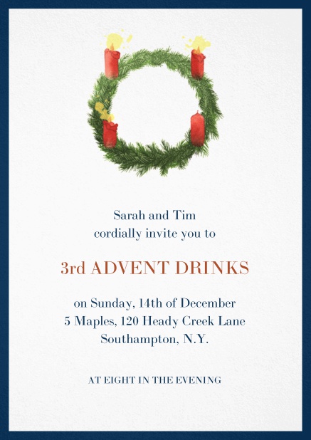 Advent invitation card with three burning candles. Navy.