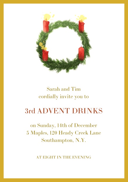 Online Advent invitation card with three burning candles. Yellow.