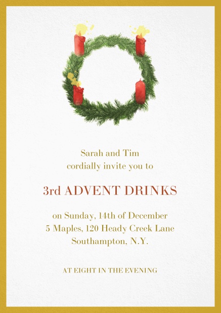 Advent invitation card with three burning candles. Yellow.