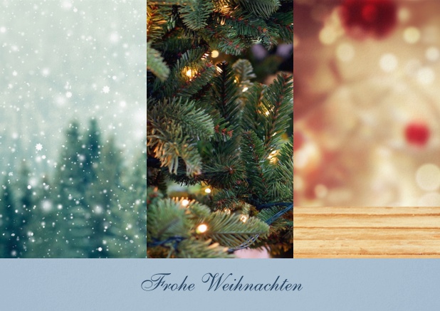 Weihnachtskarte mit 3 Hochkantfoto Optionen mit Text vorne. Blau.