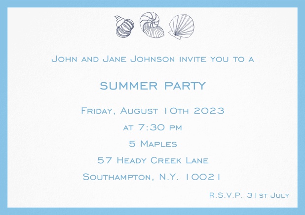Summer invitation card with shells and colorful matching frame.