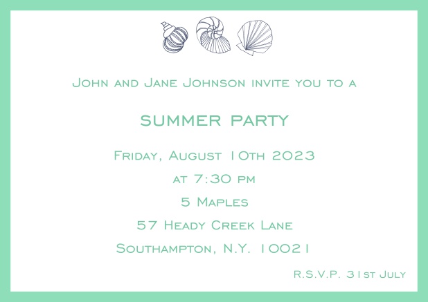Online Summer invitation card with shells and colorful matching frame. Green.