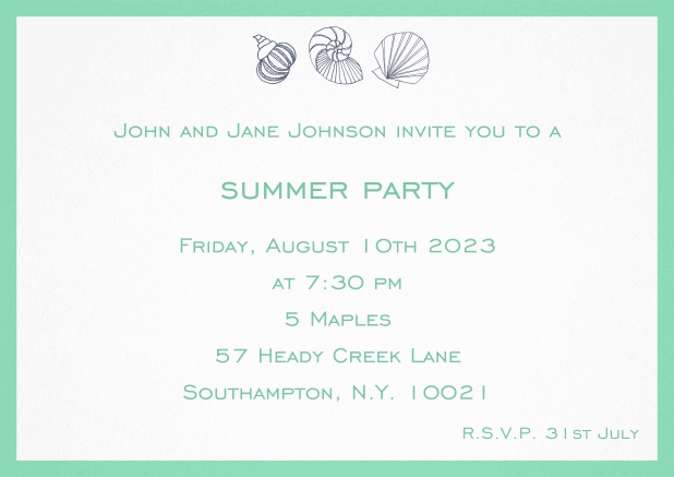 Summer invitation card with shells and colorful matching frame. Green.