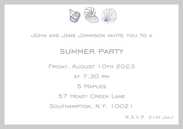 Online Summer invitation card with shells and colorful matching frame. Grey.