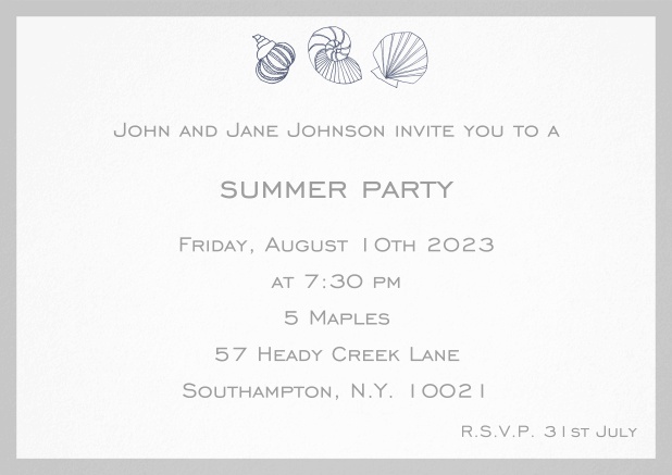Summer invitation card with shells and colorful matching frame. Grey.