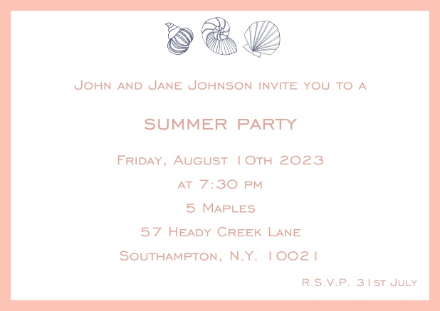 Online Summer invitation card with shells and colorful matching frame. Pink.