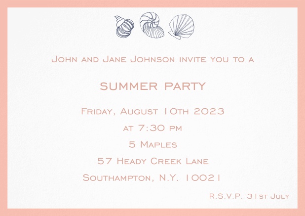 Summer invitation card with shells and colorful matching frame. Pink.