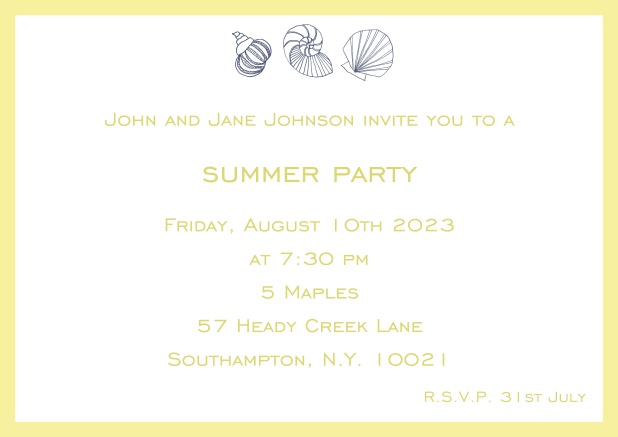 Online Summer invitation card with shells and colorful matching frame. Yellow.