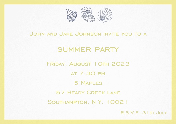 Summer invitation card with shells and colorful matching frame. Yellow.