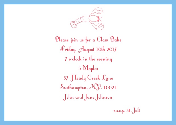 Summer Online invitation card with lobster, perfect for clam bakes or beach dinners. Blue.