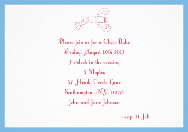 Summer invitation card with lobster, perfect for clam bakes or beach dinners. Blue.