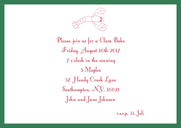 Summer Online invitation card with lobster, perfect for clam bakes or beach dinners. Green.