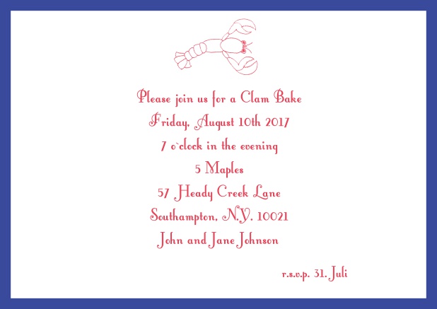 Summer Online invitation card with lobster, perfect for clam bakes or beach dinners. Navy.