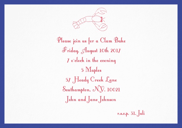 Summer invitation card with lobster, perfect for clam bakes or beach dinners. Navy.