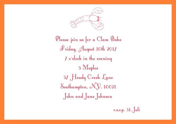 Summer Online invitation card with lobster, perfect for clam bakes or beach dinners. Orange.