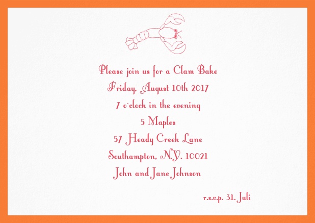 Summer invitation card with lobster, perfect for clam bakes or beach dinners. Orange.