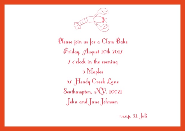Summer Online invitation card with lobster, perfect for clam bakes or beach dinners. Red.