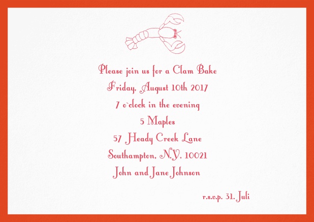 Summer invitation card with lobster, perfect for clam bakes or beach dinners. Red.