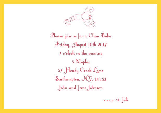 Summer Online invitation card with lobster, perfect for clam bakes or beach dinners. Yellow.