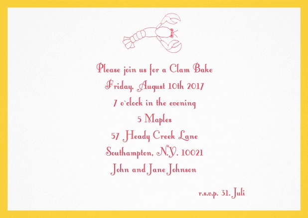 Summer invitation card with lobster, perfect for clam bakes or beach dinners. Yellow.