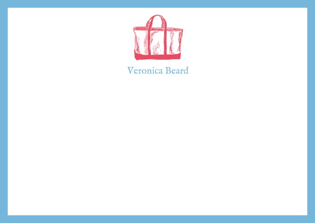 Individuell anpassbare online Briefkarte mit illustrierter Strandtasche und Rahmen in verschiedenen Farben. Blau.