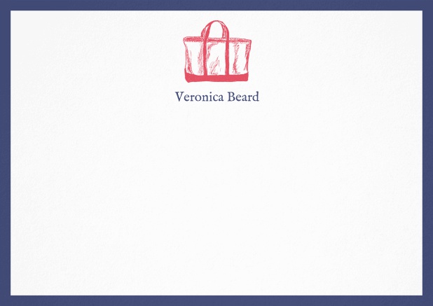 Customizable note card with beach bag and frame in various colors. Navy.