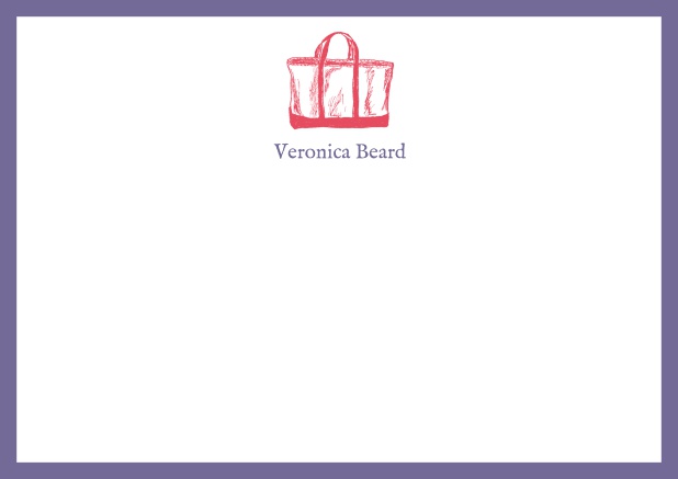 Individuell anpassbare online Briefkarte mit illustrierter Strandtasche und Rahmen in verschiedenen Farben. Lila.