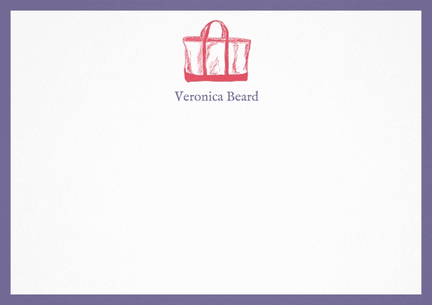 Customizable note card with beach bag and frame in various colors. Purple.