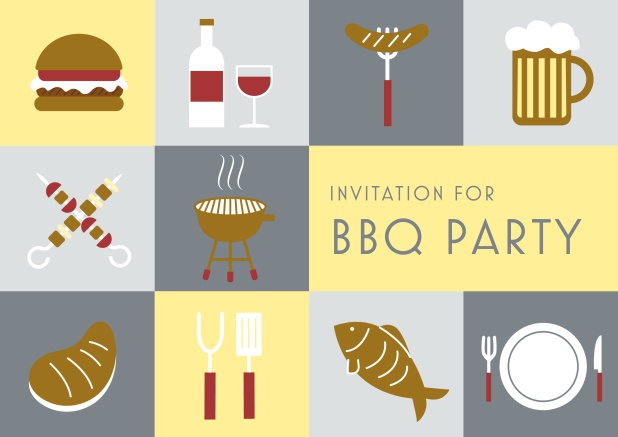 BBQ party online invitation with fun pictures of hamburger, hot dog, beer mug, grill etc. Grey.