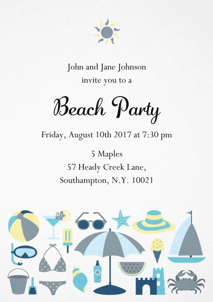 Beach party summer invitation card with sun and beach essentials Grey.