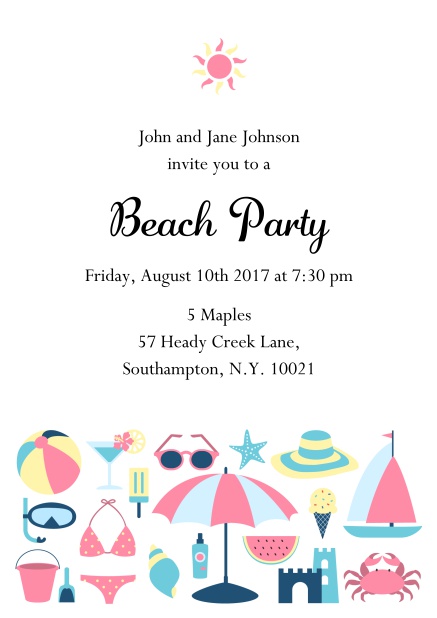 Beach party summer Online invitation card with sun and beach essentials Pink.