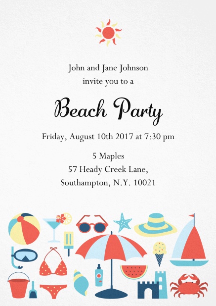 Beach party summer invitation card with sun and beach essentials Red.