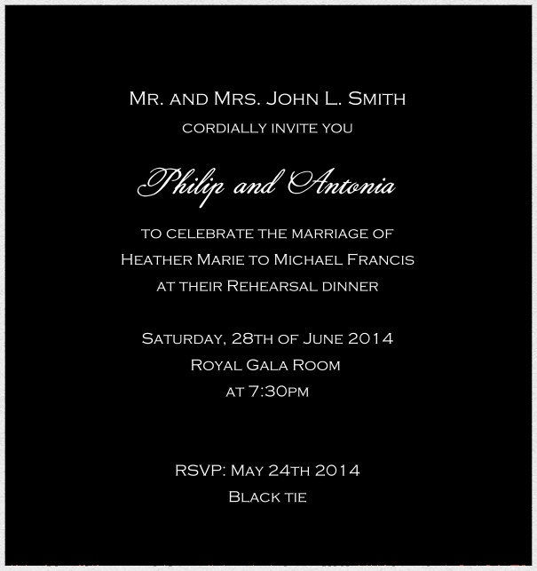 Customize this classic online invitation card with fine paper in color of choice and optional personal addressing. Black.
