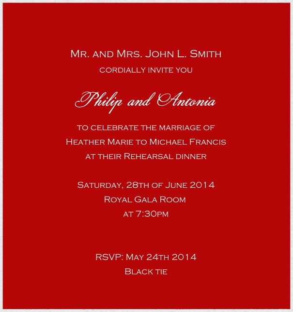Customize this classic online invitation card with fine paper in color of choice and optional personal addressing. Red.