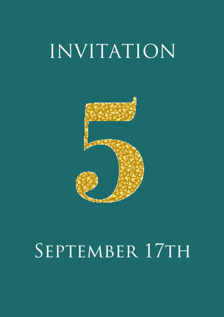 5th anniversary online invitation card with large 5 in animated gold mosaic. Green.