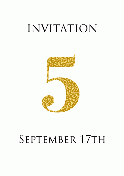 5th anniversary online invitation card with large 5 in animated gold mosaic. White.