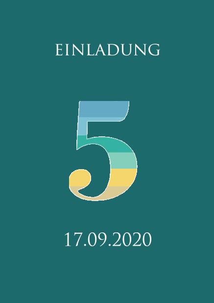 Online Einladungskarte zum 5. Jubiläum mit einer Zahl 5 mit bunten animierten Streifen. Grün.