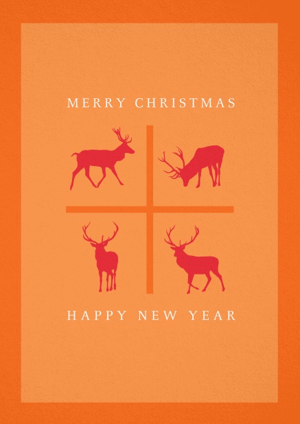 Orangene Weihnachtskarte mit vier roten Rentieren.