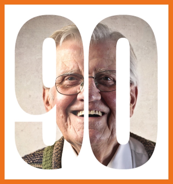 Einladungskarte zum 90. Geburtstag oder Jubiläum mit ausgeschnittener Zahl 90 für ein eigenes Foto. Orange.