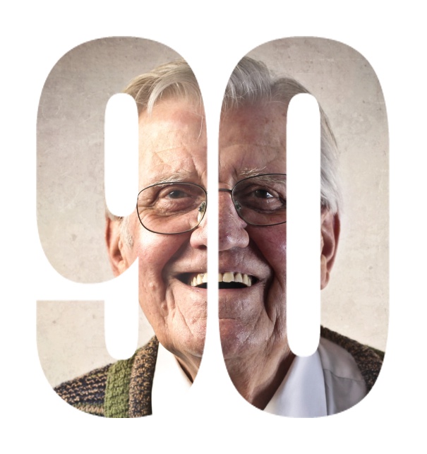 Einladungskarte zum 90. Geburtstag oder Jubiläum mit ausgeschnittener Zahl 90 für ein eigenes Foto. Weiss.