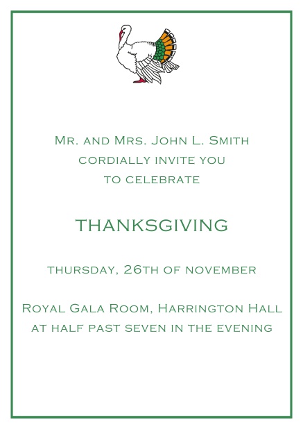 Online Thanksgiving invitation card with colorful Turkey in portrait format. White.