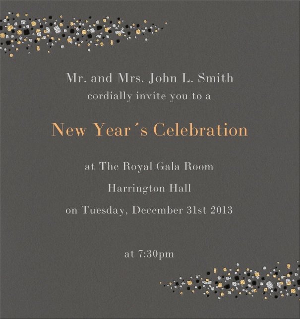 Grey celebration high format invitation card with milky way stars left and right on card.