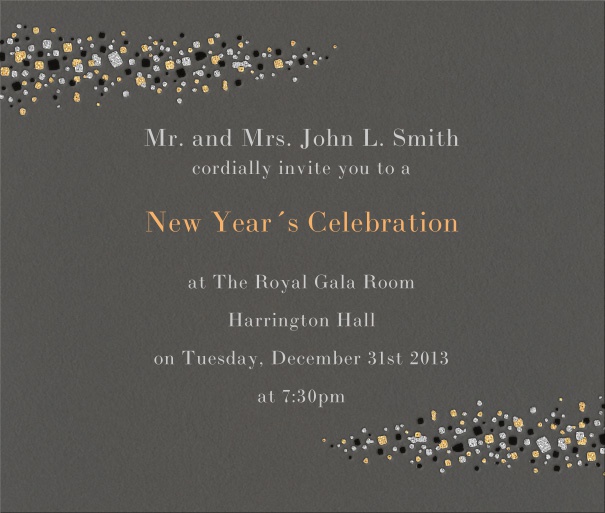 Grey celebration square format invitation card with milky way stars left and right on card.