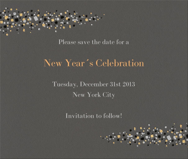 Dark Tan Celebration Save the Date Card with New Year's eve Theme and Star Header and Footer.