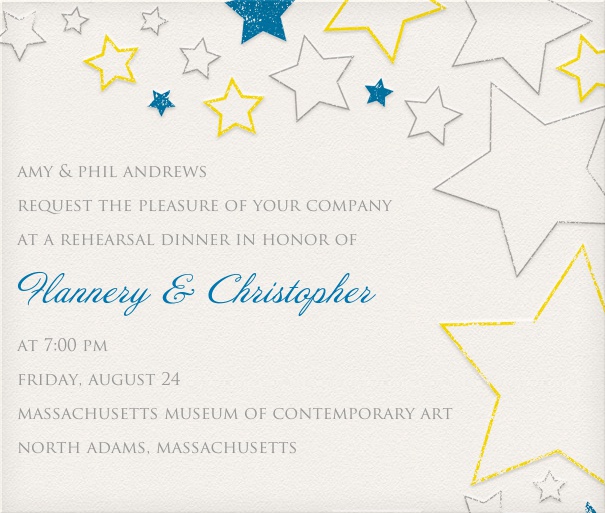 White Party Invitation with white, blue and gold star design.