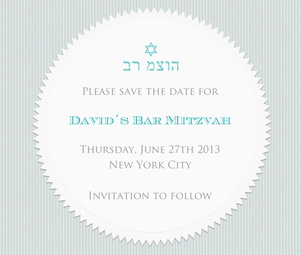 White Bar Mitzvah or Bat Mitzvah save the date customized with Hebrew and Star of David.