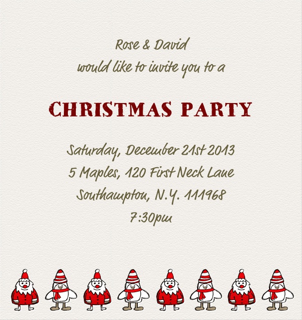 White Christmas high format invitation card with little Santa Clauses in bottom part of card. Including designed text in black and red to match the card.