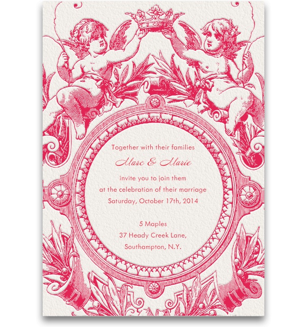 Rosafarbene Online Hochzeitseinladungskarte mit künstlerischen Verzierungen.