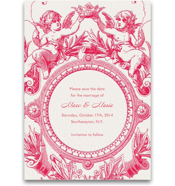 Pink, spring-like Save the Date Card for weddings with ornaments.