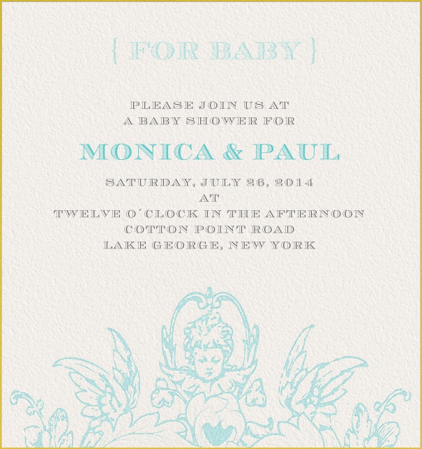 Beige Hochzeitseinladungskarte mit blauem Engel und veränderbarem Textfeld.
